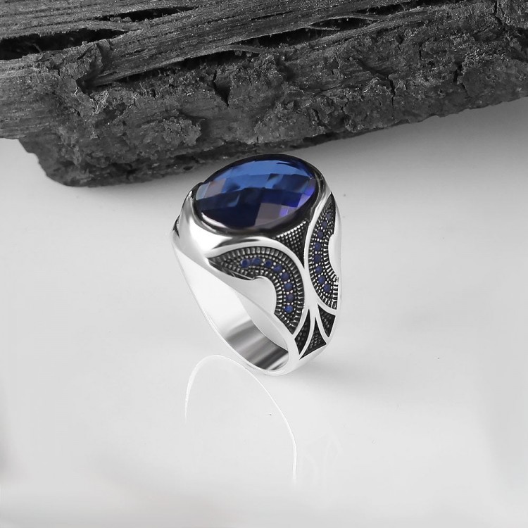 925 Sterling Silver Men's Ring with Sapphire Stone