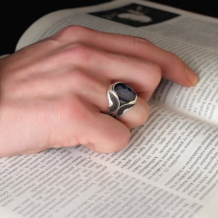 925 Sterling Silver Men's Ring with Sapphire Stone