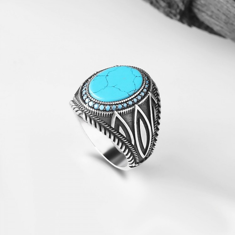 خاتم رجالي من الفضة الإسترلينية عيار 925 مرصع بحجر الفيروز