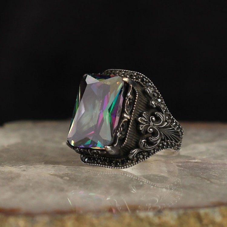 925 Sterling Silver Men's Ring with Mystic Topaz Stone