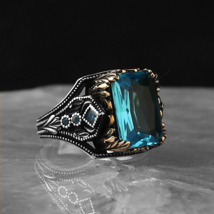 925 Sterling Silver Men's Ring with Aquamarine Stone