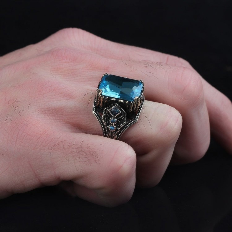 925 Sterling Silver Men's Ring with Aquamarine Stone