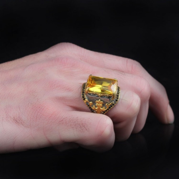 Rhodium Plated 925 Sterling Silver Men's Ring with Citrine Stone
