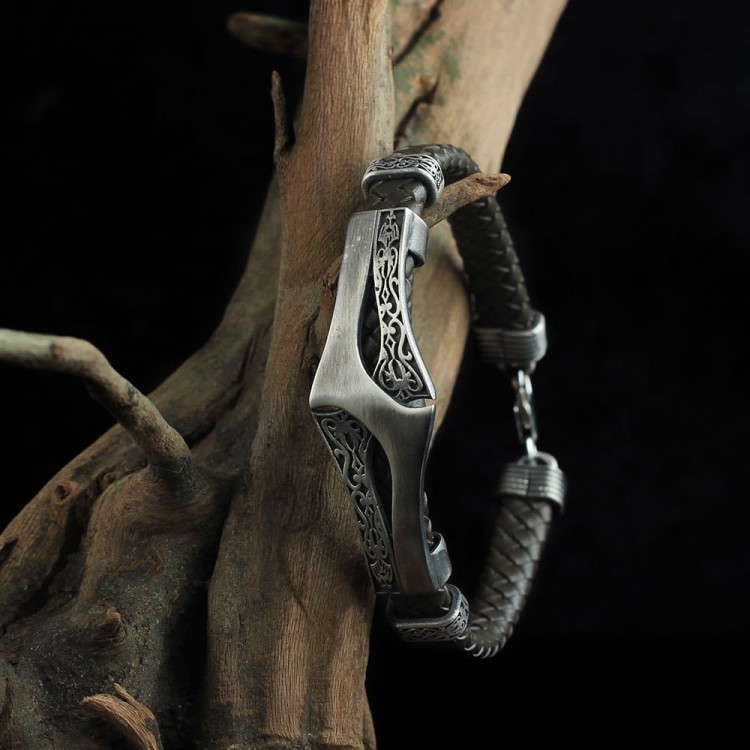 Desenli Model 925 Ayar Erkek Gümüş Deri Bileklik