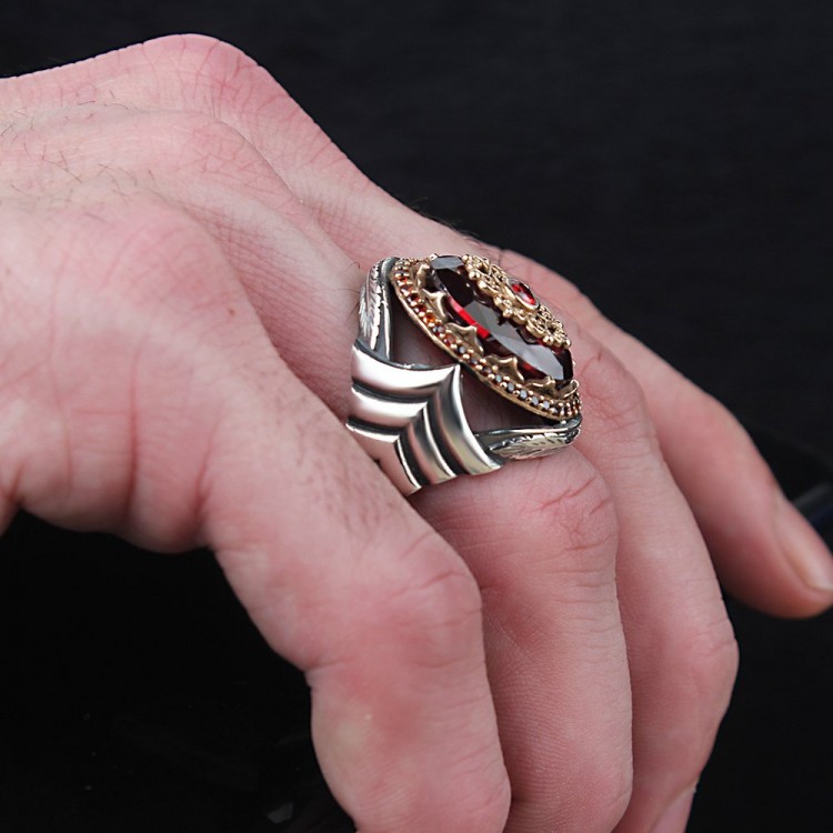 Zirkon Taşlı Desenli  Gümüş Erkek Yüzük