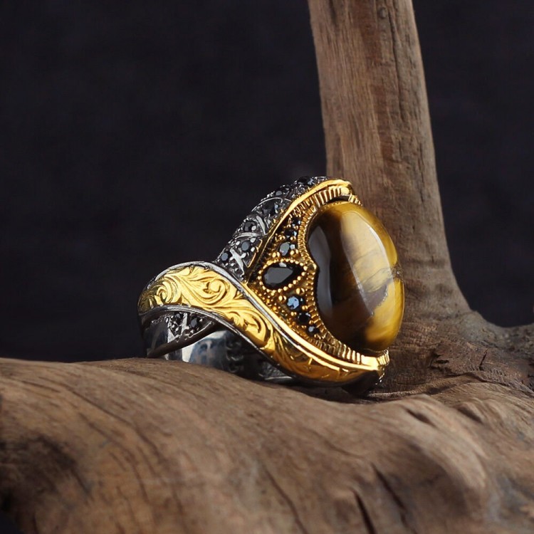 Rodaj Kaplama Kaplangözü Taşlı 925 Ayar Erkek Gümüş Yüzük