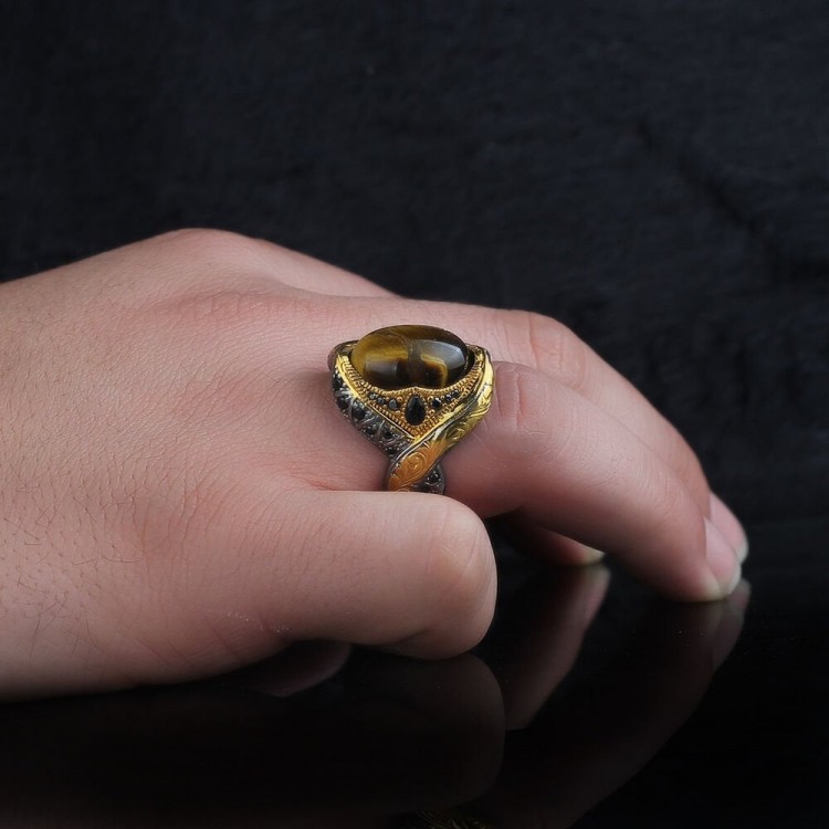 Rodaj Kaplama Kaplangözü Taşlı 925 Ayar Erkek Gümüş Yüzük