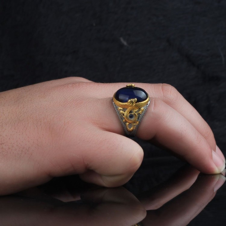 خاتم رجالي من الفضة الإسترلينية عيار 925 مطلي بالروديوم مع حجر عين النمر الأزرق