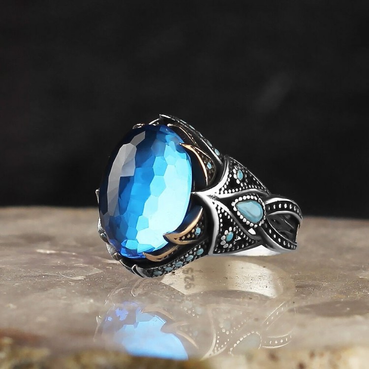 925 Sterling Silver Men's Ring with Aquamarine Stone