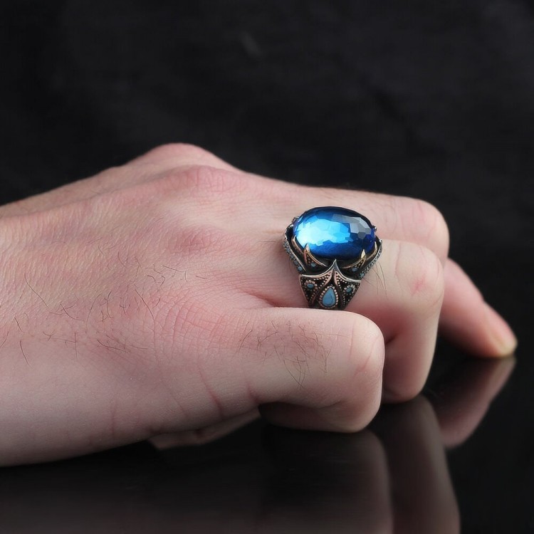 925 Sterling Silver Men's Ring with Aquamarine Stone