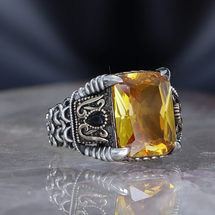 Chain Series 925 Sterling  Citrine Stone Men's Silver Ring