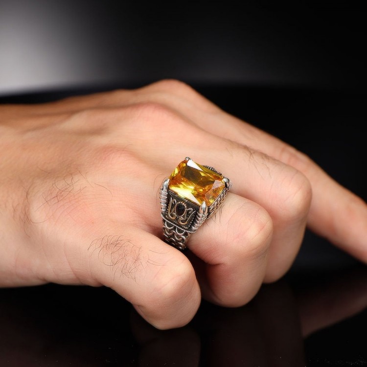 Chain Series 925 Sterling  Citrine Stone Men's Silver Ring