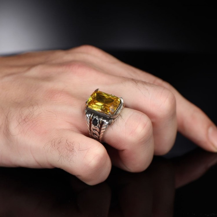 خاتم رجالي من الفضة الإسترليني عيار 925 مرصع بحجر السترين من سلسلة السلسلة