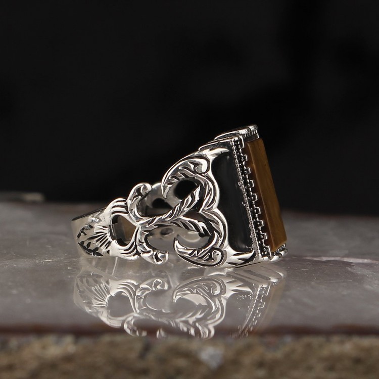 Tiger Eye Stone Hand Engraved 925 Sterling Silver Men's Ring