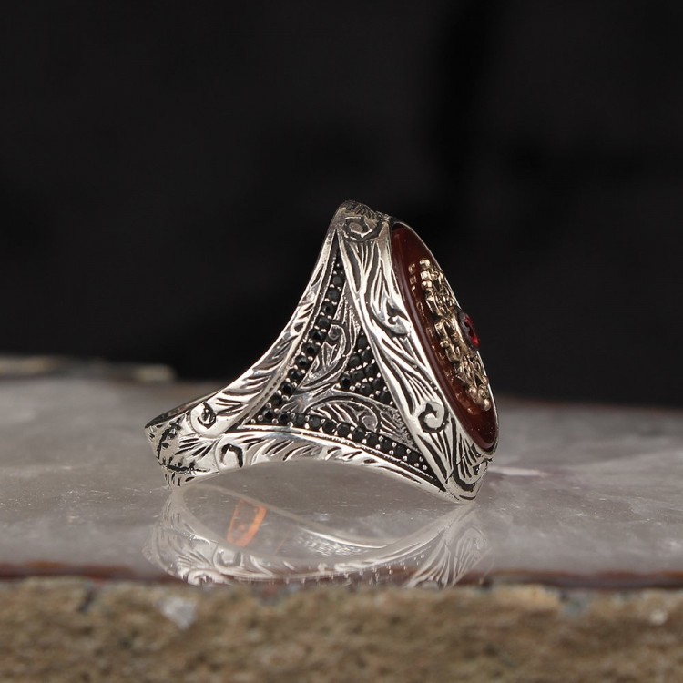 Kalem İşçilikli Akik Taşlı 925 Ayar Gümüş Erkek Yüzük