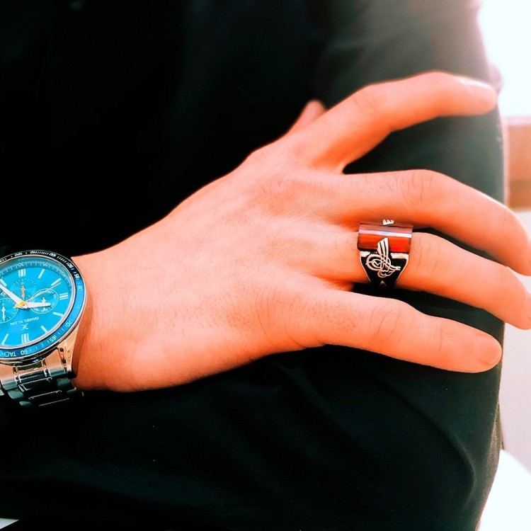 925 Sterling Silver Men's Ring with Zircon Stone and Monogram