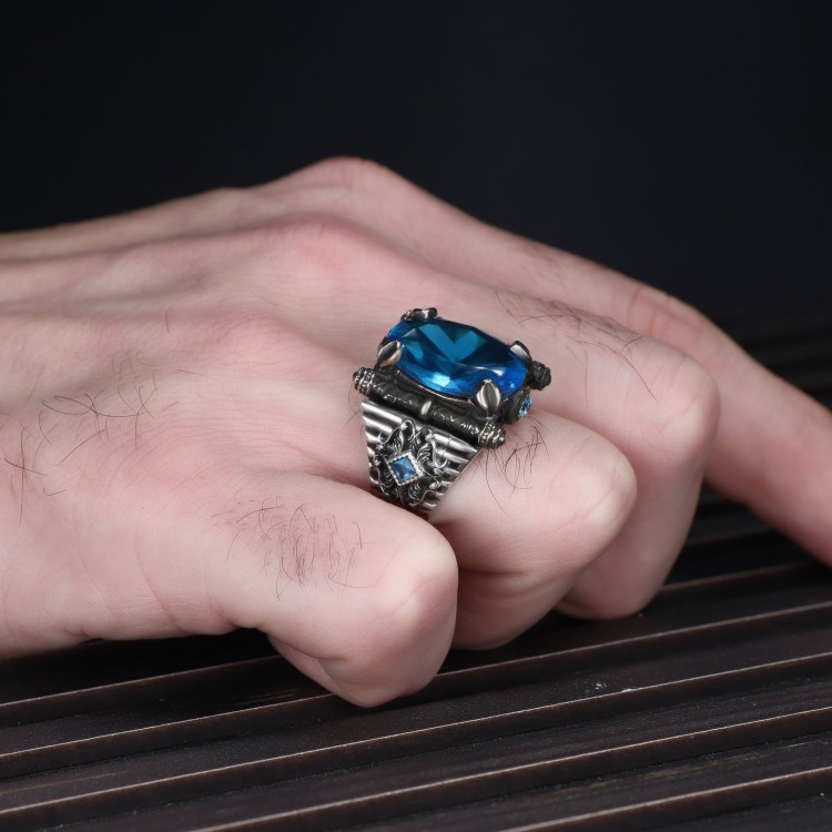 925 Sterling Silver Men's Ring with Aquamarine Stone