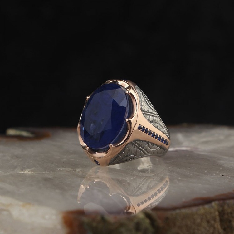 925 Sterling Silver Men's Ring with Rhodium Plated Aquamarine Stone