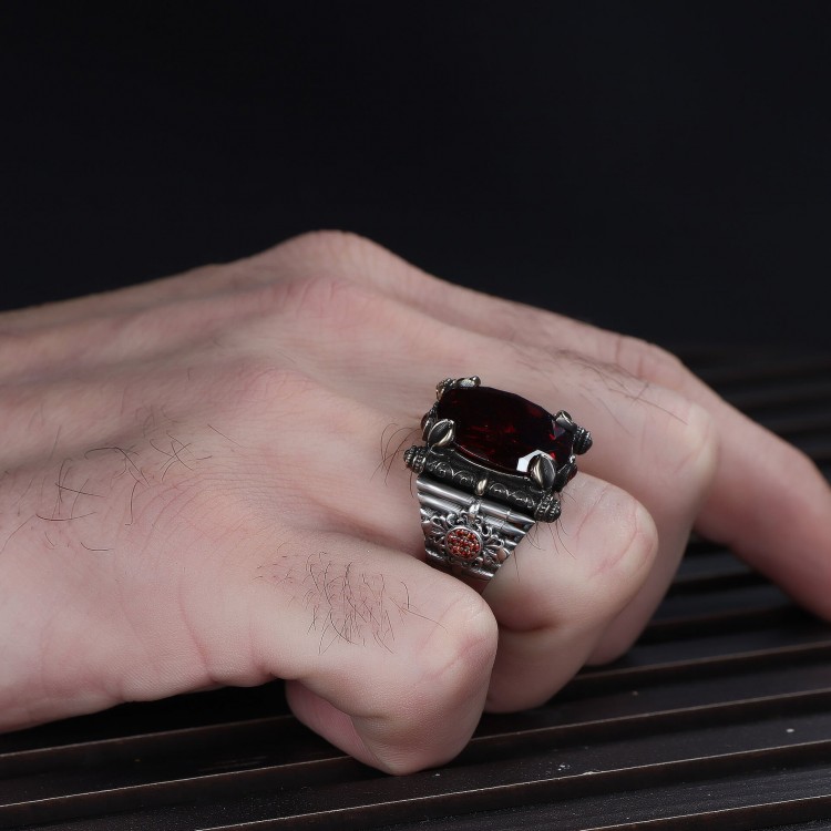 Kırmızı Zirkon Taşlı 925 Ayar Erkek Gümüş Yüzük