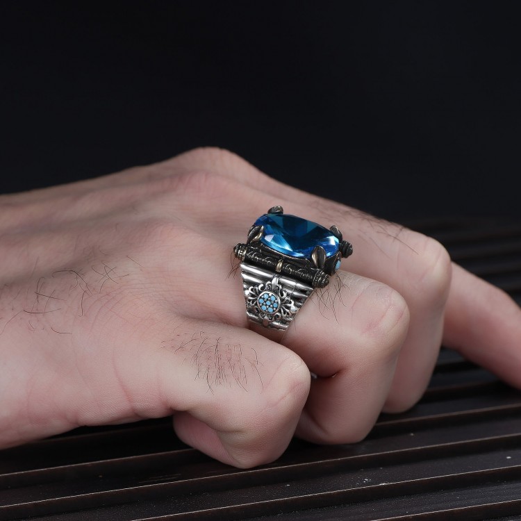 925 Sterling Silver Men's Ring with Aquamarine Stone