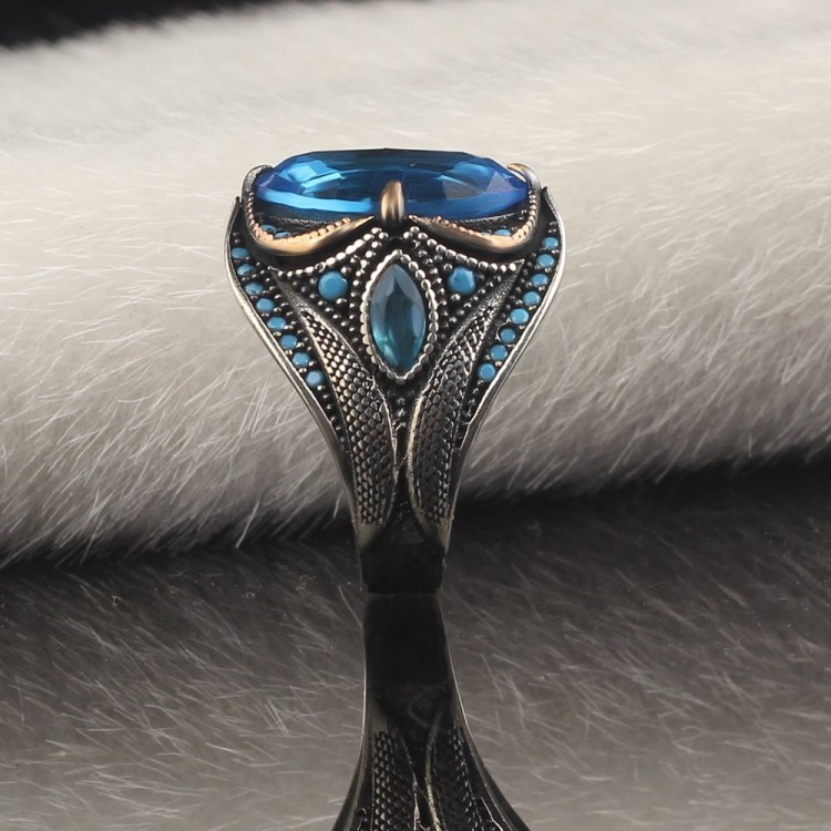 Markiz Blue Topaz Taşlı 925 Ayar Gümüş Erkek Yüzük