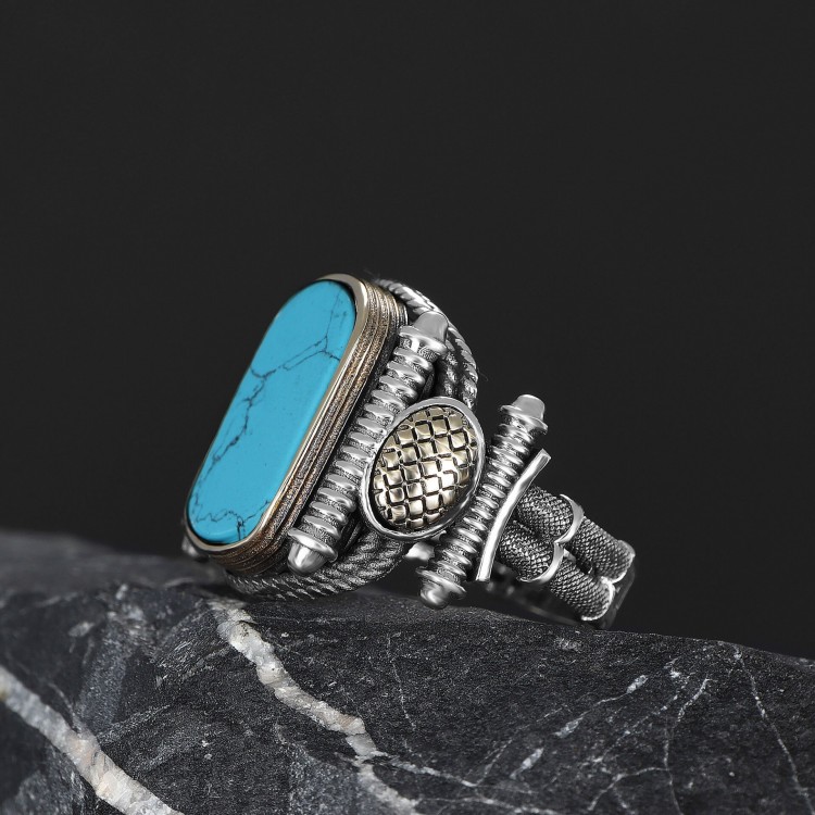 خاتم رجالي فضة بحجر الفيروز
