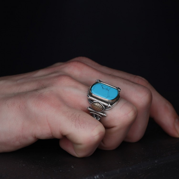 خاتم رجالي فضة بحجر الفيروز