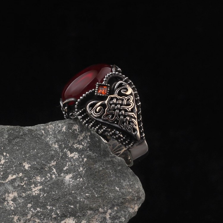 Zircon Stone Hand Engraved  925 Sterling Silver Men's Ring