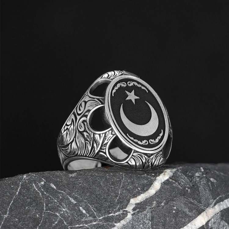 Hand Engraved  Silver Ring with Star and Crescent Symbol