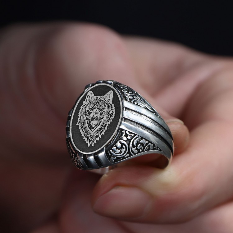 Hand Engraved  Silver Ring with Wolf Symbol