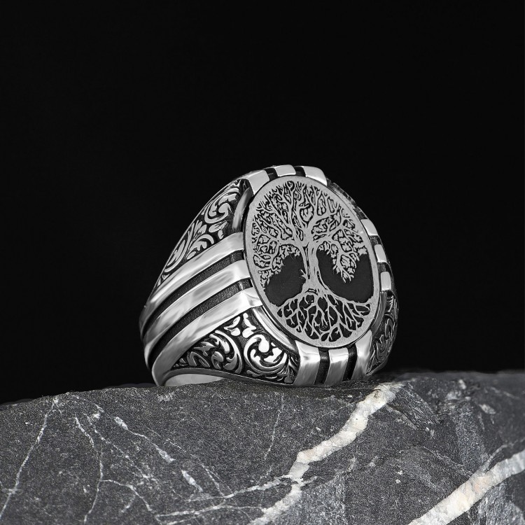 Hand Engraved  Silver Ring with Tree of Life Symbol