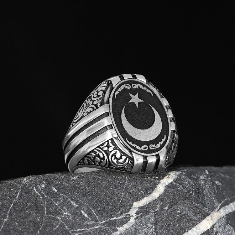 Hand Engraved  Silver Ring with Star and Crescent Symbol