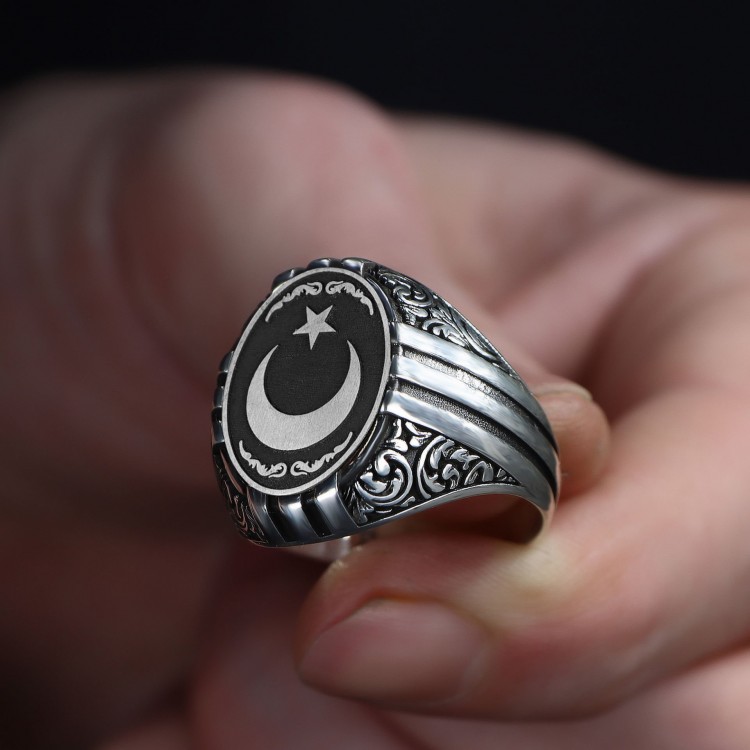 Hand Engraved  Silver Ring with Star and Crescent Symbol