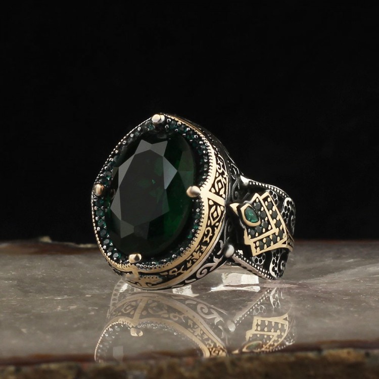 Yeşil Zirkon Taşlı Desenli 925 Ayar Gümüş Erkek Yüzük