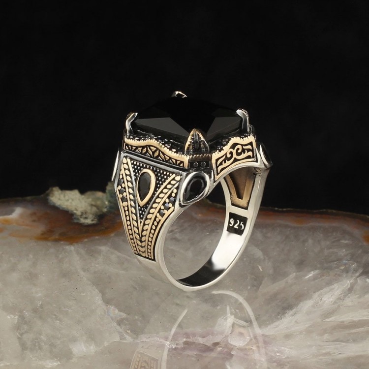 Zircon Stone Hand Engraved  925 Sterling Silver Men's Ring