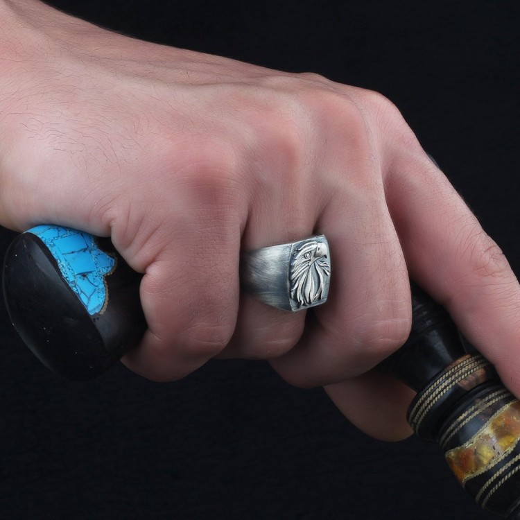 Antique Model Eagle Head 925 Sterling Silver Men's Ring