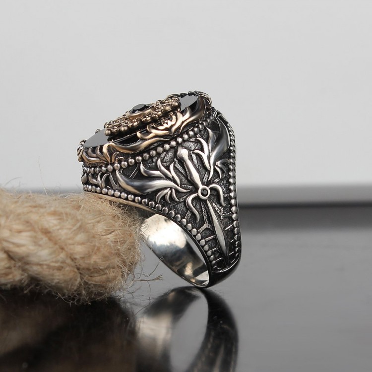 Onyx Stone Sword Silver Men's Ring