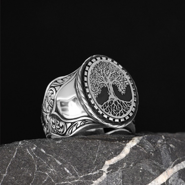 Hand Engraved  Silver Ring with Tree of Life Symbol