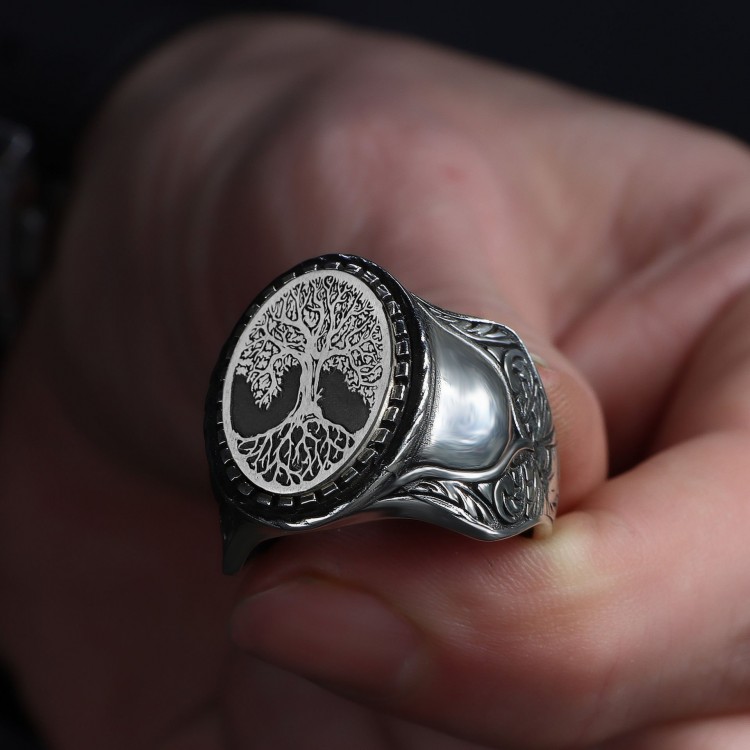 Hand Engraved  Silver Ring with Tree of Life Symbol