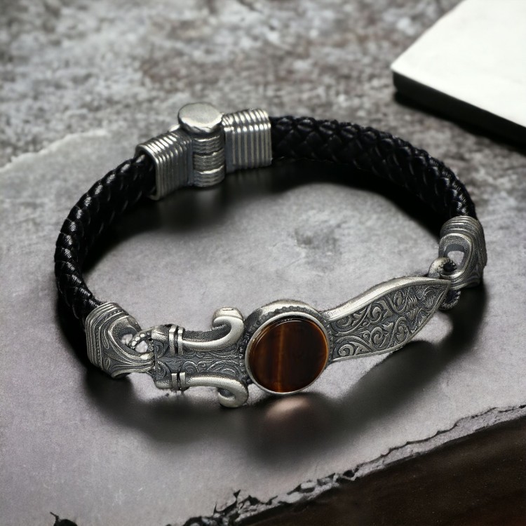 Pen Engraved Sword Model Tiger Eye Stone 925 Sterling Silver Men's Leather Bracelet Pen Engraved Sword Model Tiger Eye Stone 925 Sterling Silver Men's Leather Bracelet