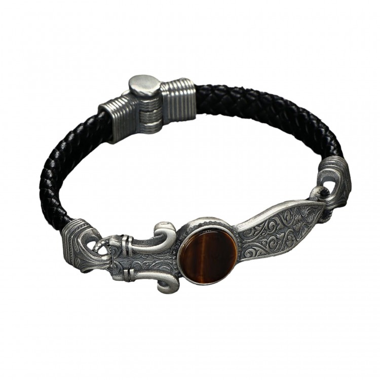 Pen Engraved Sword Model Tiger Eye Stone 925 Sterling Silver Men's Leather Bracelet Pen Engraved Sword Model Tiger Eye Stone 925 Sterling Silver Men's Leather Bracelet