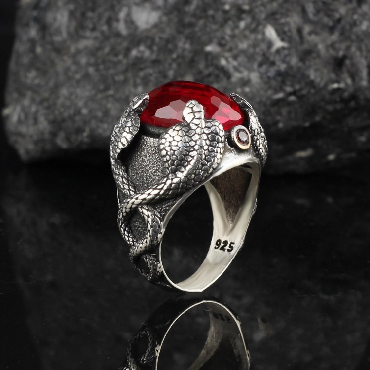 925 Sterling Silver Men's Ring with Cobra Model Zircon Stone
