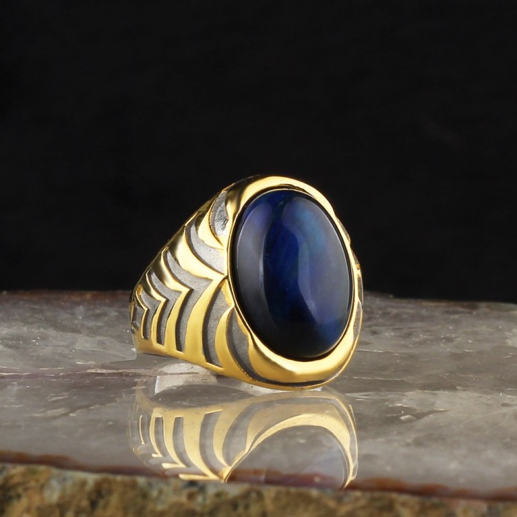 Blue Tiger Eye Stone Rhodium Plated 925 Sterling Silver Men's Ring