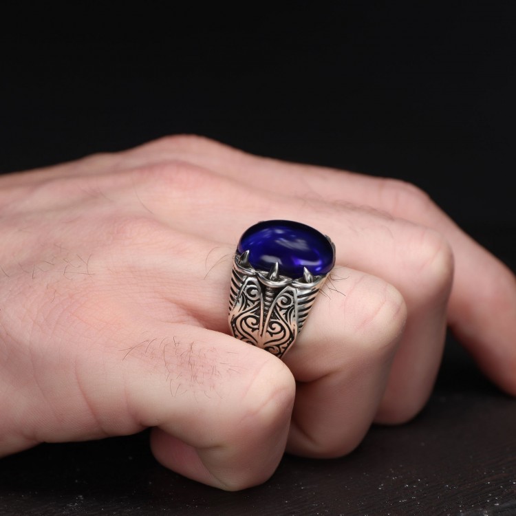 Parliament Blue Agate Stone 925 Sterling Silver Men's Ring Parliament Blue Agate Stone 925 Sterling Silver Men's Ring