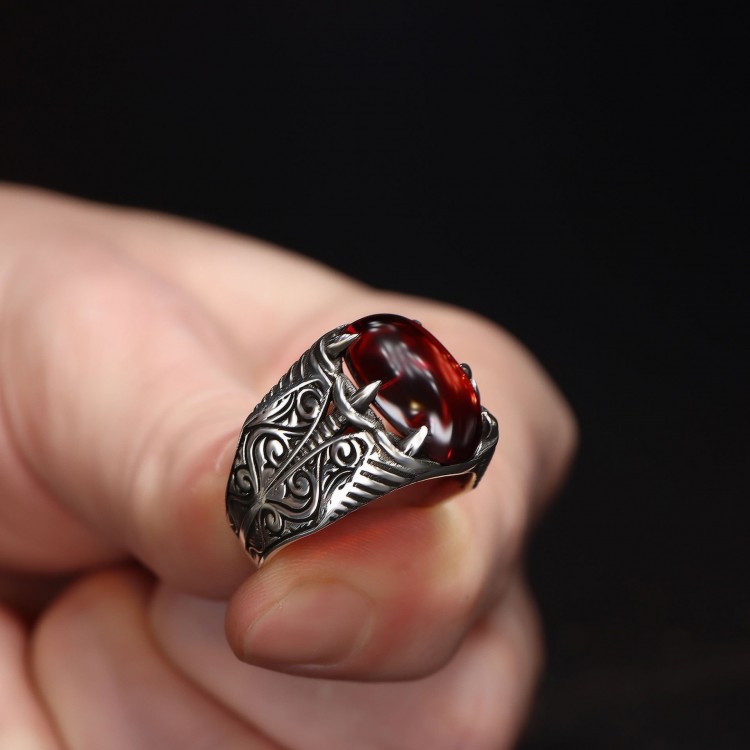 Kırmızı Akik Taşlı 925 Ayar Gümüş Erkek Yüzük