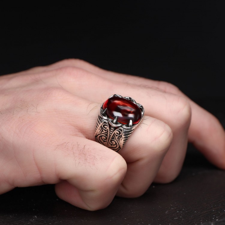 Kırmızı Akik Taşlı 925 Ayar Gümüş Erkek Yüzük